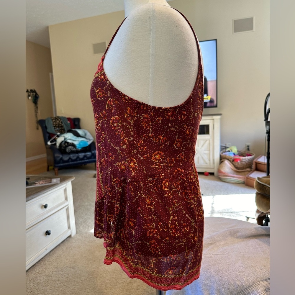 Free People Blouse Flowy Floral Strappy Tank Top Boho Burgundy Size M